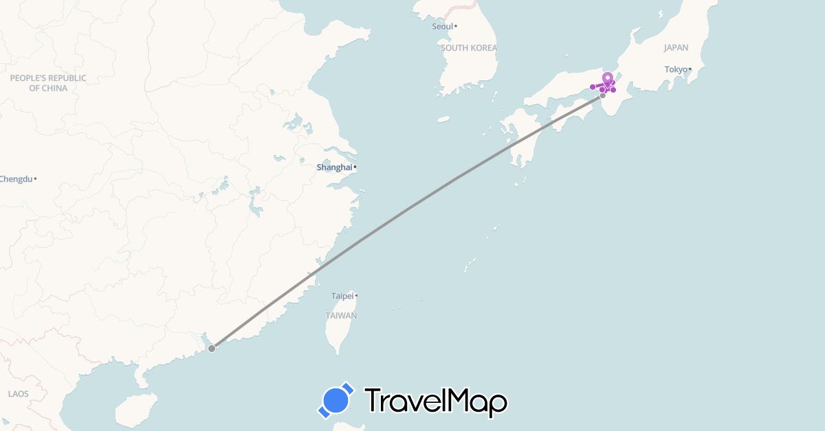 TravelMap itinerary: driving, plane, train in China, Japan (Asia)