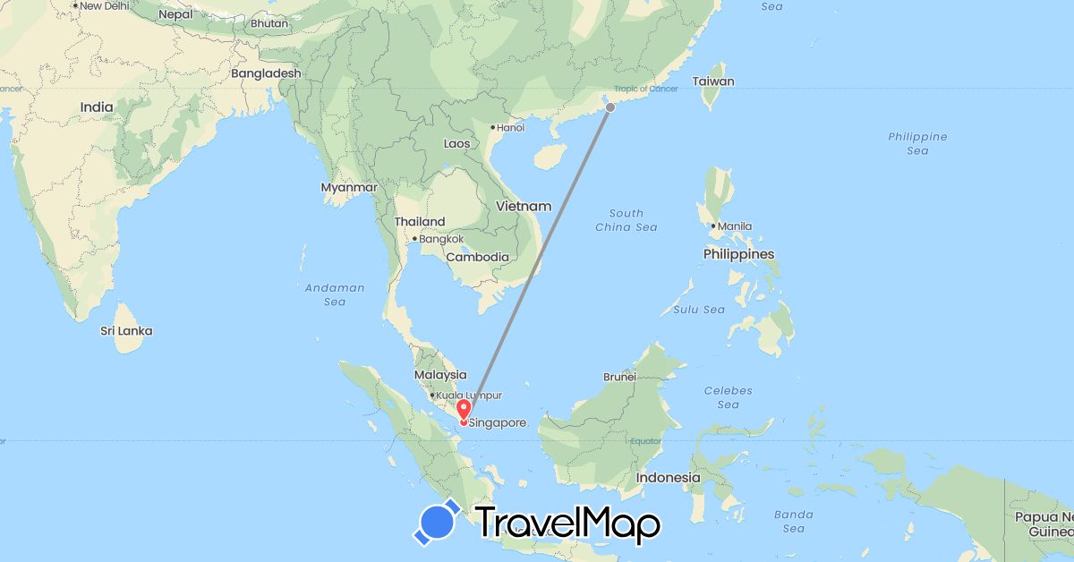 TravelMap itinerary: driving, bus, plane, train, hiking in China, Singapore (Asia)